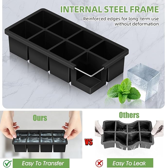 Large Ice Cube Molds, 2 Pack Easy Release Ice Trays for Freezer with Lid, Stackable Square Big Silicone Ice Cube Tray BPA Free Slow Melting for Bourbon Whiskey, Cocktails, Iced Coffee (Black)