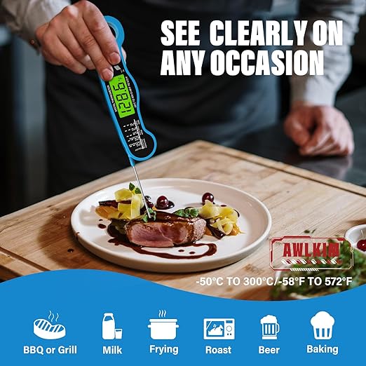 Fast Instant Read Meat Thermometer with Backlight - Waterproof Digital Food Probe for Grilling, Cooking, Baking & Candy Making - Kitchen & BBQ Essential（Blue）