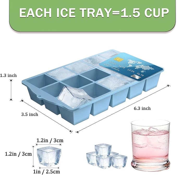 Ice Cube Trays for Freezer, 2 Pack Easy Release Slicone Ice Cube Tray with Lid, BPA Free Stackable Flexible Ice Molds 15 Square Reusable Ice Cubes for Whiskey, Baby Food, Iced Coffee (Blue)
