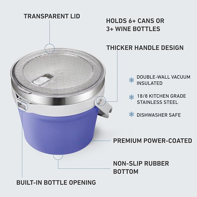 COKTIK 7L Insulated Ice Bucket with Lid，Double Wall Vacuum Stainless Steel Beverage Bucket Keeps Frozen Longer，Holds 6 Longnecks or 3 Bottles of Wine，for Cocktail, Champagne(Deep purple)