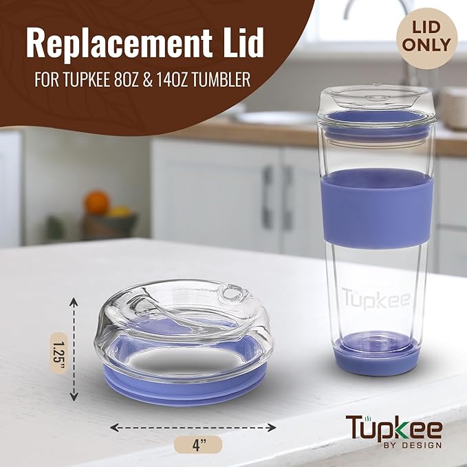Tupkee Glass Sip Lid Jacaranda - Replacement Double Wall Glass Tumbler, 14oz & 8oz Hand Blown Travel Mug