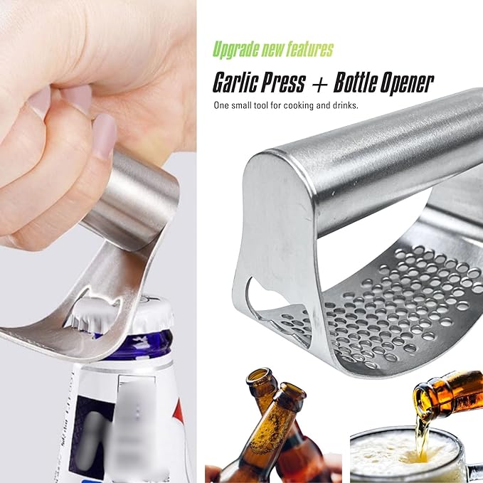 Stainless Steel Garlic Press Rocker with Bottle Opener, 304 Heavy Duty Garlic Mincer & Crusher Tool with Peeler and Cleaning Brush, Easy-Clean Garlic Chopper Kitchen Gadget