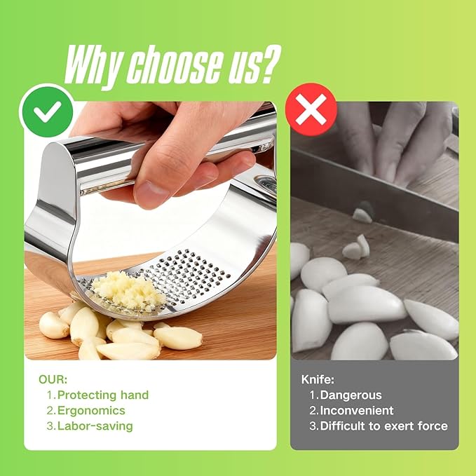 Stainless Steel Garlic Press Rocker with Bottle Opener, 304 Heavy Duty Garlic Mincer & Crusher Tool with Peeler and Cleaning Brush, Easy-Clean Garlic Chopper Kitchen Gadget