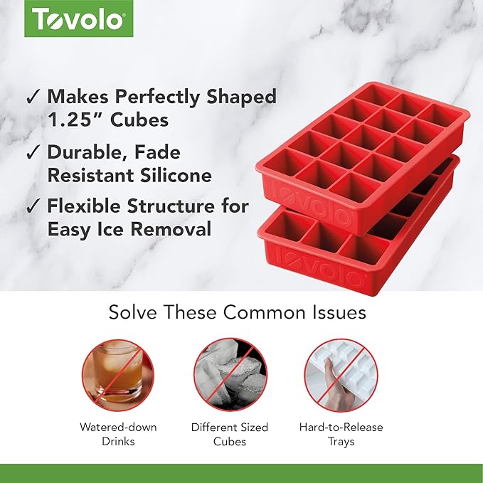 Tovolo Silicone Ice Cube Tray Candy Apple Red Pack of 2 BPA Free Ice Tray Mold for Coffee Drinks Cocktails, Dishwasher Safe Easy Release Perfect 1 Inch Cube Ice Tray for Whiskey Bourbon Spirits