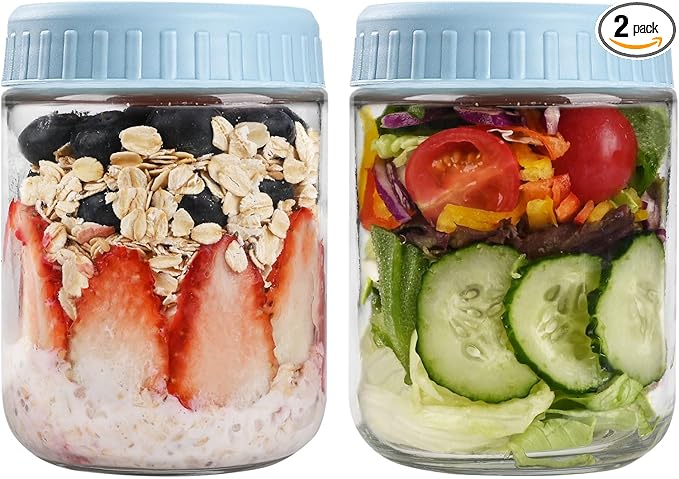 SHOWIN Overnight Oats Containers with Lids, 16oz Glass Jars with Lids 2 pcs, Light Blue, Wide Mouth Mason jars for Salad, Yogurt, Snacks, Meal Prep