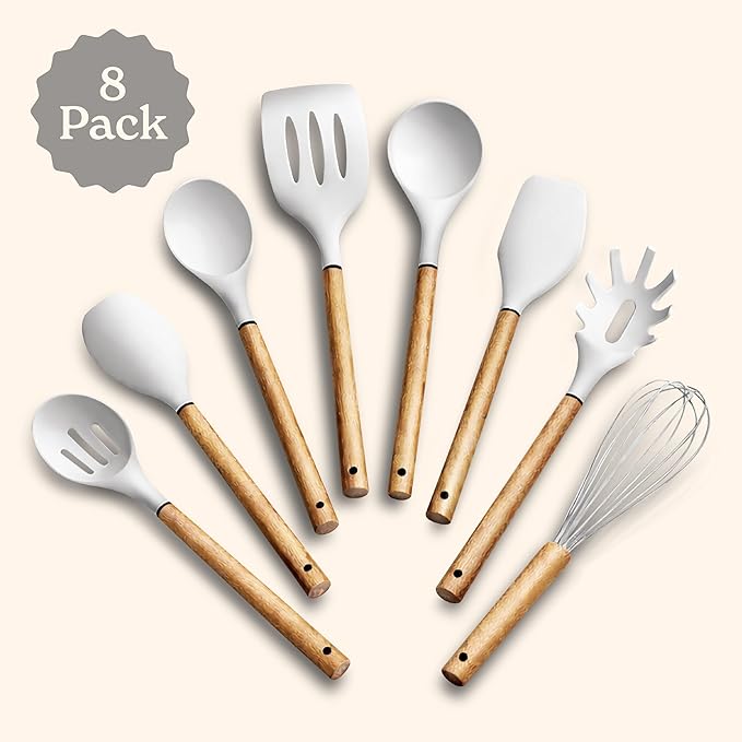 Country Kitchen Non Stick Silicone Utensil Set with Rounded Wood Handles for Cooking and Baking, 8 Piece Set, White