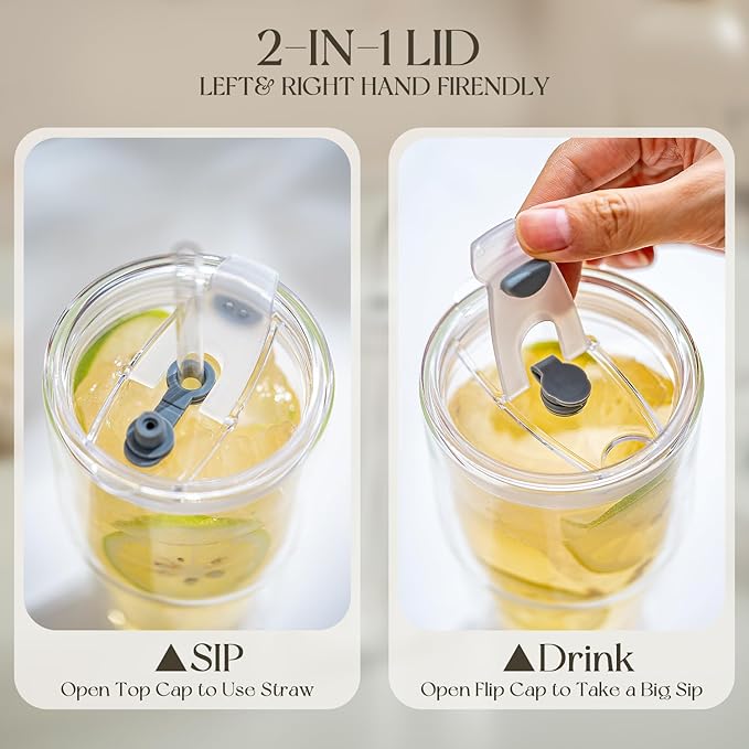 KEMORELA Set of 4 Double-Walled Glass Cups, 16 oz / 480 ml Insulated Tumblers for Iced Coffee, Latte, Matcha, Smoothies, Bubble Tea & Cold Drinks – Clear Modern Glassware, Reusable for Home & Parties