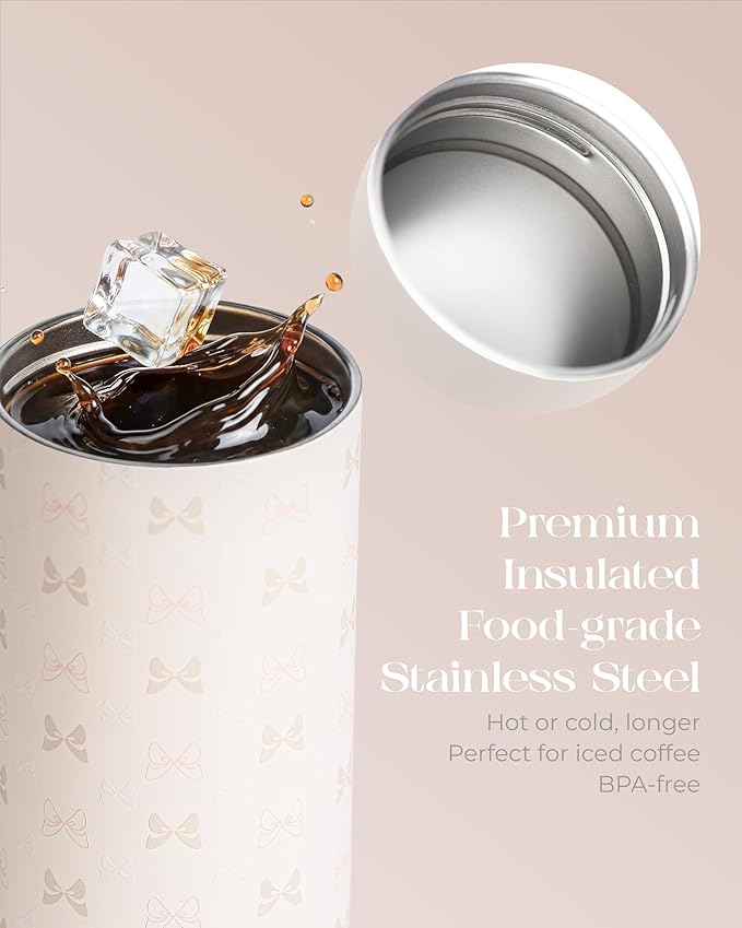 15 oz Stainless Steel Coffee Tumbler with Twist-Open Lid, Insulated Travel Mug for Iced Coffee Cold Brew and Warm Beverages, Leakproof, BPA-Free, Cup Holder Friendly, Bow Cream