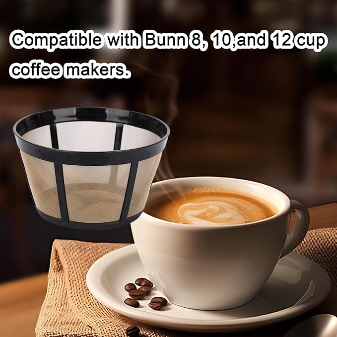 2 Pack Reusable Coffee Filter Fit for BUNN 8 10 12 Cup Coffee Maker and Brewer Series BX, BTX, GRX, NHB, NHS, ST, HG & H, Stainless-Steel Woven Mesh with Coffe Spoon