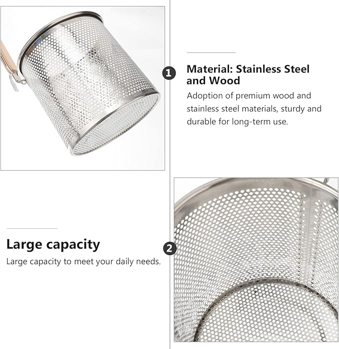 STOBAZA Noodles Strainer Colander Fry Basket Ramen Pasta Basket Stainless Steel Mesh Spider Strainer with Wooden Handle, Fine Mesh Skimmer for Rinsing Straining Boiling Frying