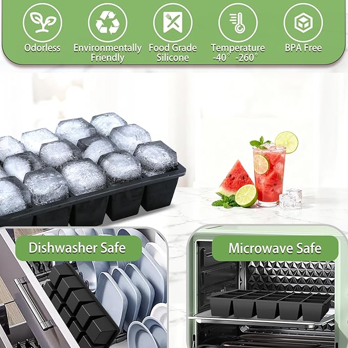 Ice Cube Trays for Freezer, 2 Pack Easy Release Slicone Ice Cube Tray with Lid, BPA Free Stackable Flexible Ice Molds 15 Square Reusable Ice Cubes for Whiskey, Baby Food, Iced Coffee (Black)