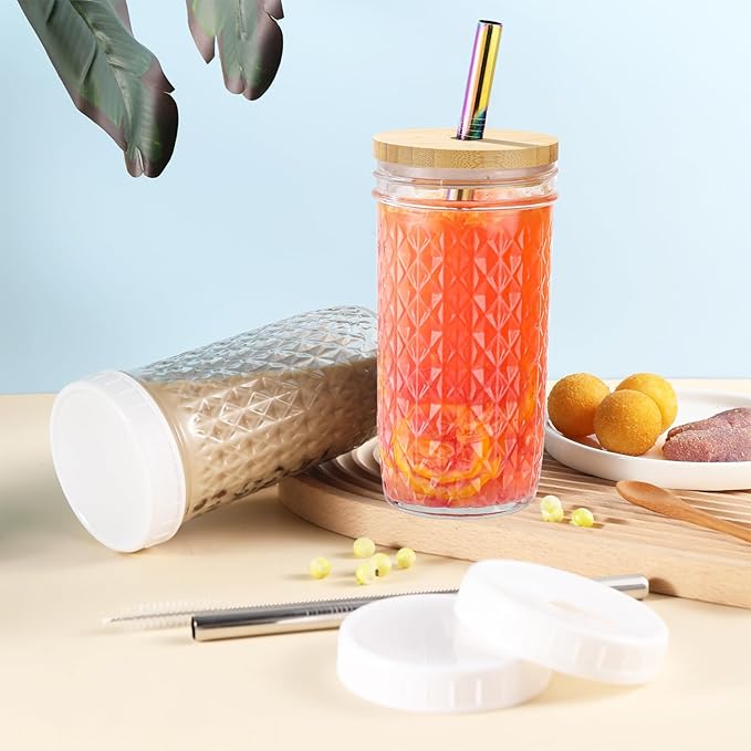 2 Pcs Glass Cups Set - 24oz Mason Jar Drinking Glasses with Bamboo Lids & Straws & 2 Airtight Lids, Cute Reusable Smoothie cup, Iced Coffee Glasses, Travel Tumbler for Bubble Tea, Juice, Gift