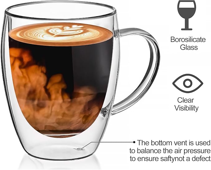 4 Pack Double Walled Glass Coffee Mugs with Bamboo Lid/Spoon, Insulated Coffee Cups with Handle, Cappuccino Latte Glasses Cup, Clear Glass Mugs for Hot Drinks Tea Milk Juice Ice Cream (350ml)