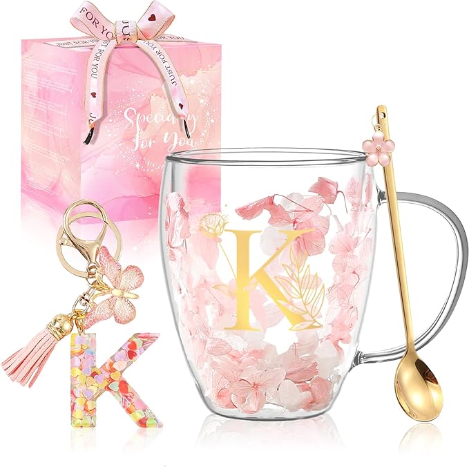 Personalized Gift for Women Double Wall Flower Glass Coffee Mug Tea cup With Spoon Monogrammed Customized Gifts Christmas Valentine Mother's Day Birthday Gifts for Mom Her Wife Friend Bride Sister(K)
