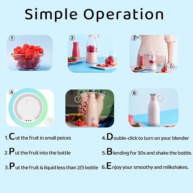 Asa Vea Mini Blender for Smoothies and Milkshakes, Portable Blender, Rechargeable, Personal Size Blender with Quota Outer Travel Lid with 4 Blades, 11 oz for Outdoors, Camping (Black)