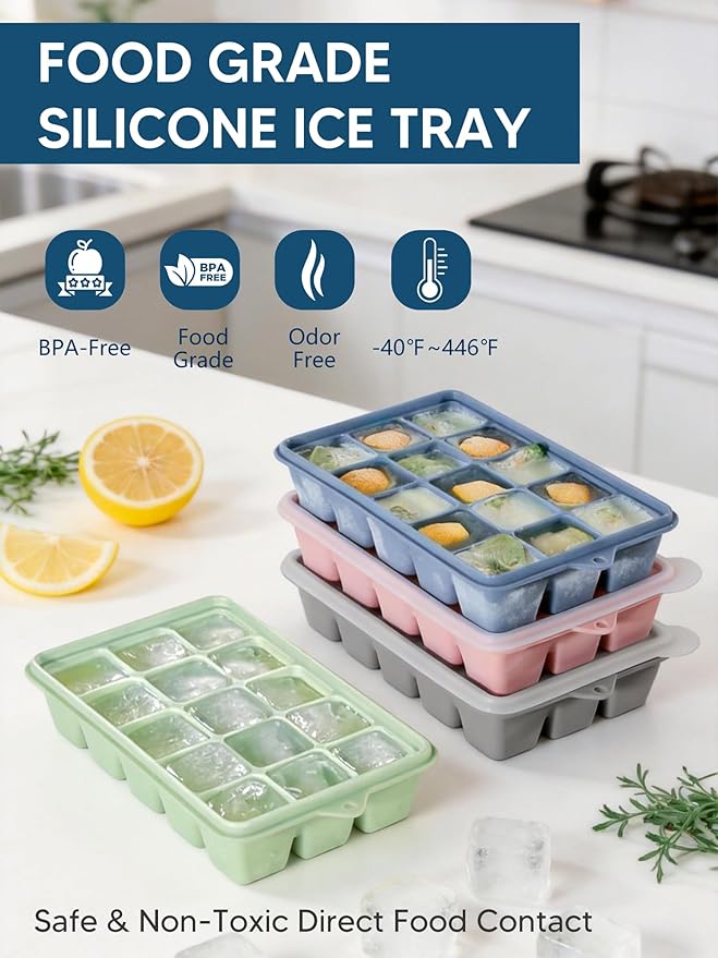 4 Pack Silicone Ice Cube Trays with Lid, Easy Release Ice Cube Trays for Freezer, Reusable and Stackable Silicone Ice Molds, Covered Ice Cube Trays for Cocktails, Whiskey, Coffee