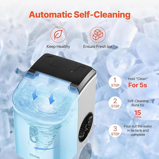 VEVOR Nugget, 33lbs/24H Pebble Ice Maker with Self Cleaning, Chewable Ice Maker with Ice Scoop & Basket, Stainless Steel Ice Machine with Transparent Lid for Home Kitchen Office Bar Party