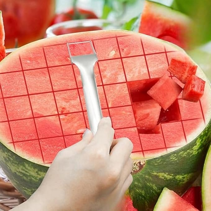 3 Pieces Watermelon Cutter Slicer Tools with 100PCS Disposable Plastic Fruit Forks,Stainless Steel Watermelon Cube Cutter Fruit Digging Spoon Carving Tools for Kitchen Gadget