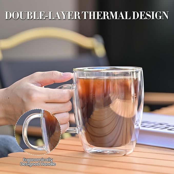 YUNCANG Double Wall Insulated Coffee Mugs, 16 Ounces - Clear Glass, Cappuccino & Latte Cups, Heat Resistant