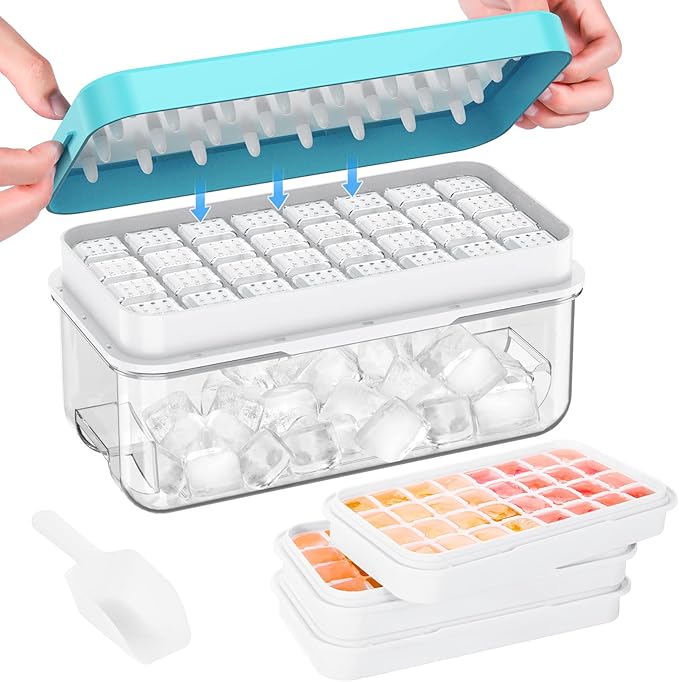 Ice Cube Tray with Lid and Bin, PHINOX 96 pcs Ice Trays for Freezer, Ice Cube Trays for Freezer with 3 trays, Container, Lid & Ice Scoop, BPA Free