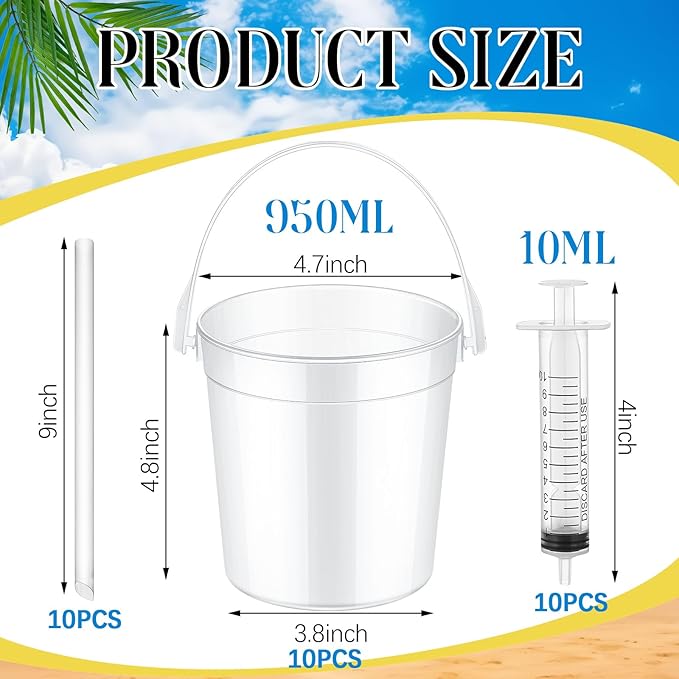Willinglong 10 Set 32oz Clear Plastic Drink Buckets Rum Buckets for Drink with Straws, Lids and Beverage Syringes Reusable Iced Coffee Cups for Rum Wine Beer Cocktail Beverage Lemonades