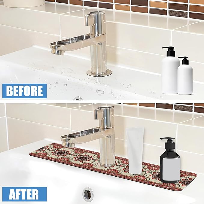 Sink Faucet Absorbing Mat Red Retro Boho Sink Splash Guard Drying Mat for Kitchen Bathroom Faucet Sinkmat 23.5"X5.5"