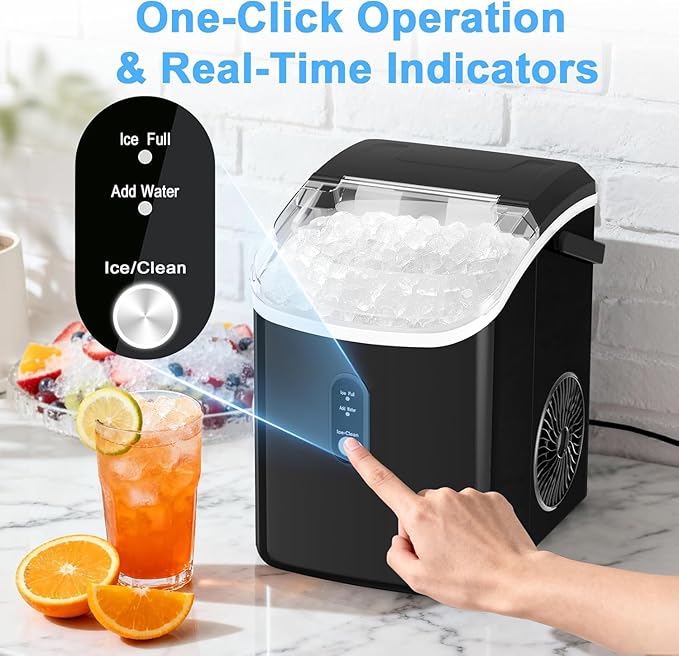 Nugget Ice Maker Countertop with Handle, Chewable Pellet Ice Maker with Self-Cleaning, 35.5Lbs/24Hrs, Ready in 6 Mins, Portable Sonic Ice Maker with Basket & Scoop for Home, Party, Camping, Black