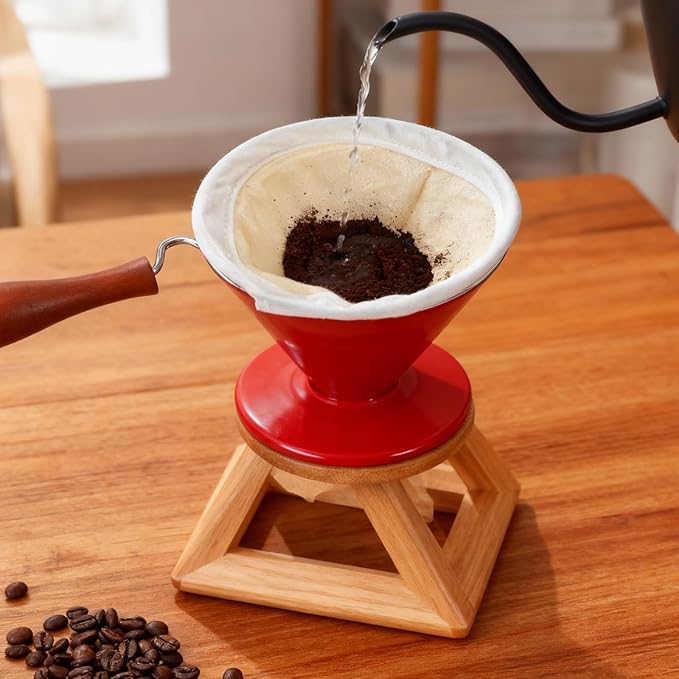 Flannel Cloth Coffee Filter with Wooden Handle, Reusable Handmade Coffee Filter, Washable Coffees Sock Strainer for Coffees Lover Home Café Use