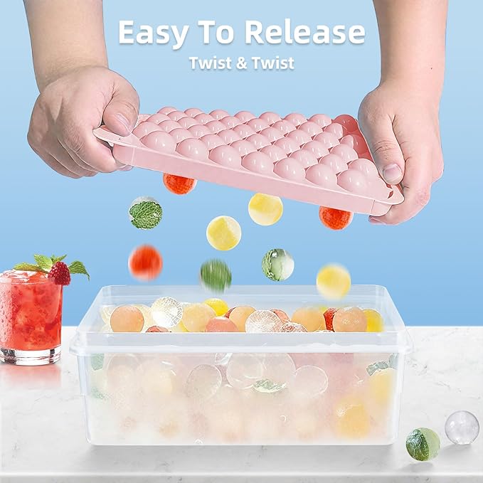 2 Pack Ice Cube Trays Set -with Lids, Storage Container & Ice Tongs,66-Count Stackable Freezer Ice Cube Molds,BPA-Free Mini Ice Maker for Whiskey, Cocktails, Soda & More (1xBlue+1xPink)