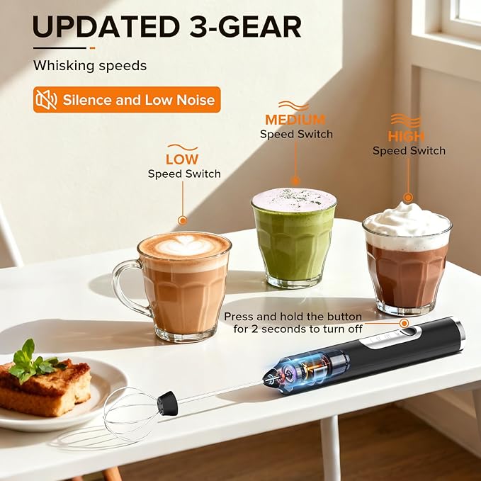 Milk Frother Handheld, 3-Speed Frother Wand Rechargeable, with 3 Detachable Whisks, Coffee Frother for Coffee,Latte, Cappuccino, Matcha, Hot Chocolate & Eggs, Electric Whisk Drink Mixer (Black)