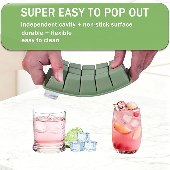Ice Cube Trays for Freezer, 2 Pack Easy Release Slicone Ice Cube Tray with Lid, BPA Free Stackable Flexible Ice Molds 15 Square Reusable Ice Cubes for Whiskey, Baby Food, Iced Coffee (Green)