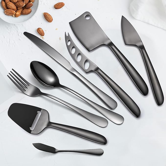 Black Cheese Knives Set with Dinning Knife Fork Spoon8 Pieces Stainless Steel Utensils Multifunctional Kitchen Gadget Baking Cooking Tool