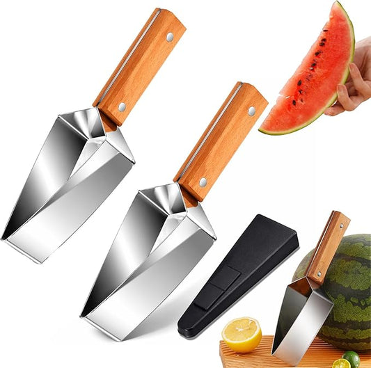 Triangle Watermelon Cutter, Watermelon Slicer Cutter Tool, 430 Stainless Steel Watermelon Cutter with Wooden Handle and Blade Cover for Watermelon Melon Apple (2 Pcs)