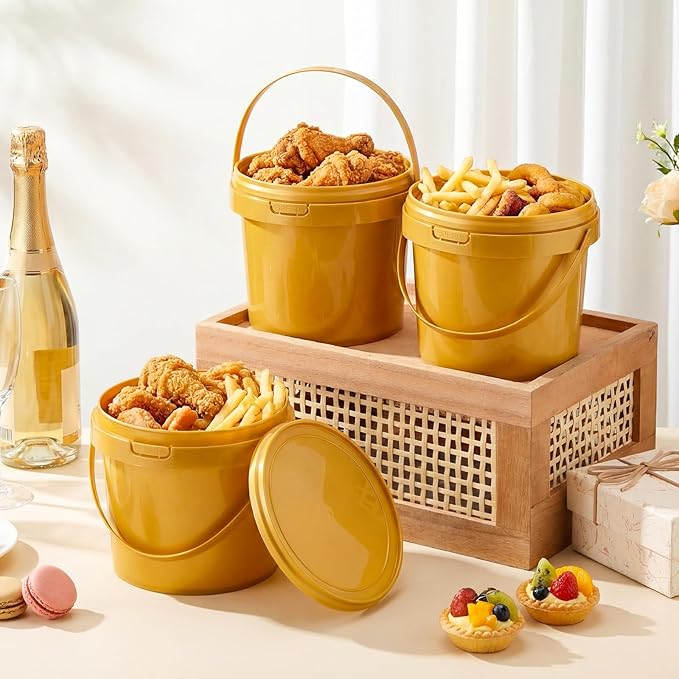 Funnymoom 20 Pack 48 oz Gold Buckets with Lid Plastic Ice Cream Buckets with Lid and Handle Ice Cream Tub Food Storage Containers Round Plastic Pails Freezer and Microwave Safe for Food