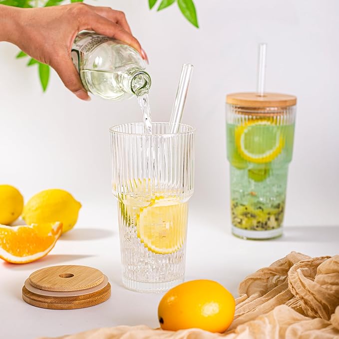 Dingerjar 20 oz Ribbed Glass Tumblers with Bamboo Lids and Straws, 2 Pcs Wide Mouth Thickened Vintage Glass Cup for Boba, Iced Coffee, Juice