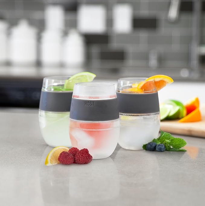 Host Wine Freeze Cup Set of 2 - Plastic Double Wall Insulated Wine Cooling Freezable Drink Vacuum Cup with Freezing Gel, Wine Glasses for Red and White Wine, 8.5 oz Grey - Gift Essentials