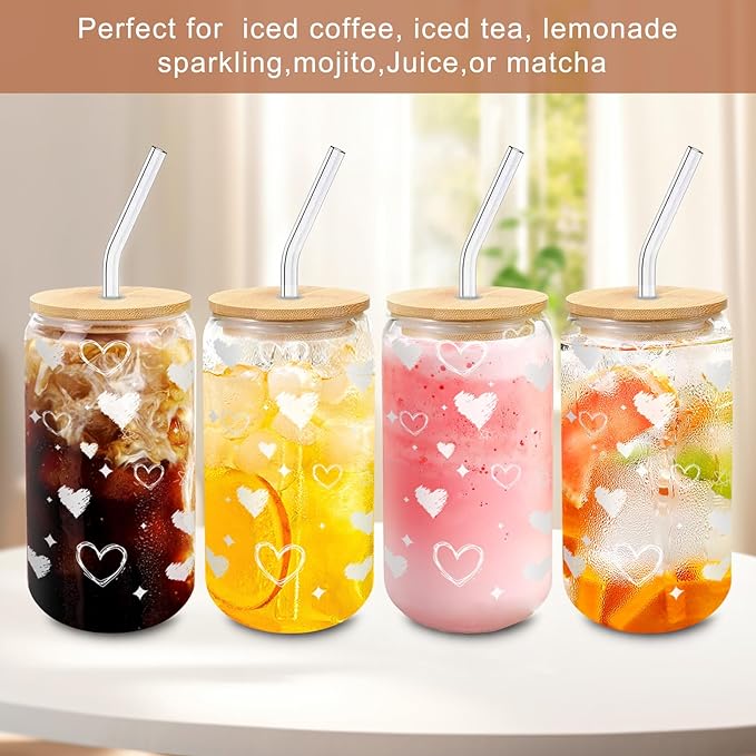 Glass Cups with Lids and Straws – 4 Pack 16oz Heart Tumblers for Cold Drinks, Iced Coffee, Tea, Juice – Sharing Drinkware for Friends, Couples & Gifts