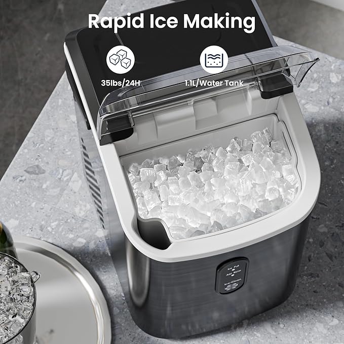 Antarctic Star Nugget Ice Makers Countertop with Self-Cleaning, 35lbs/24H, Portable Sonic Ice Maker Machine with Handle/Basket/Scoop for Home, Kitchen, Office, Camping(Stainless Steel Black)