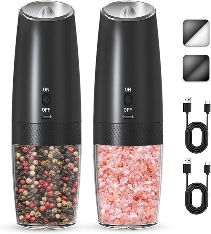 UNNEES Rechargeable Electric Salt and Pepper Grinder Set, Gravity Activated, Adjustable Coarseness, LED Light, USB Charging, Ceramic Core, 150ml Transparent Hopper, Black