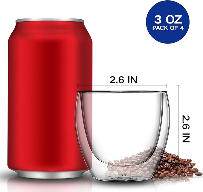 YMMIND Set of 4 Double Walled Glass Coffee Mugs 3 Ounces Insulated Layer Coffee Cups Borosilicate Glass Espresso Cup for Hot Beverage,Cappuccino,Tea,Latte,Wine,Microwave Safe
