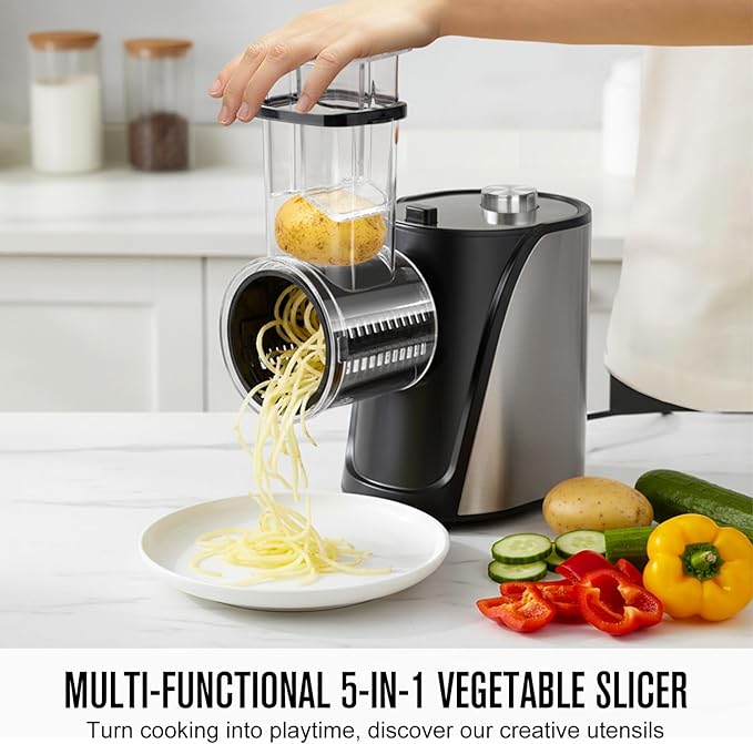 Electric Vegetables Slicer Cheese Shredder, 5-in-1 250W Professional Automatic Salad Fruits Maker Shooter Chopper Machine Kitchen Cutter Grater Food Processor with 5 Different Blades