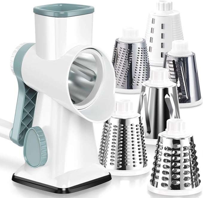 KEOUKE Rotary Cheese Grater Pro 6 in 1 - Shredder Crinkle Slicer Grinder Ice Shaver, Stable Suction, Time-saving Easy Use & Clean, Safe Morden Kitchen Tool for Cheese, Vegetable, Nuts, Chocolate