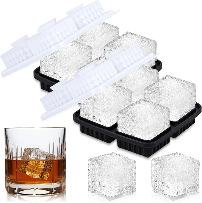 Hoolerry 2 Pcs 3D Square Silicone Ice Cube Tray 2.2" Large Square Cube Mold 4 Hole Fun Shapes Big Mold with Funnel for Whiskey Cocktails Bourbon Chilling