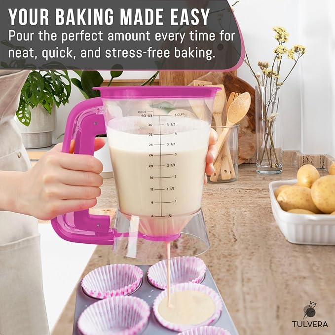 Pancake Batter Dispenser | 5-Cup Mix Pourer for Pancakes, Waffles, Crepes, Muffins, Cupcakes | Squeeze Handle, Portion Control Pitcher, Durable Drip-Free Design | Baking Accessories (Raspberry Purple)