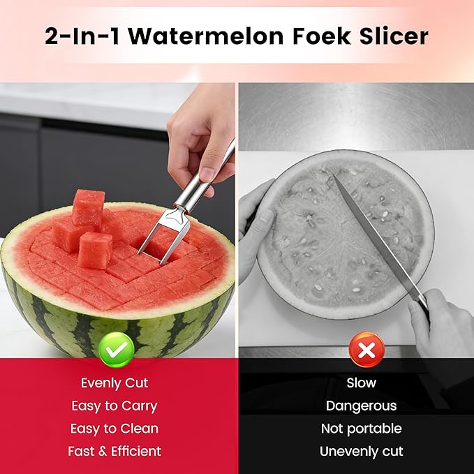 2-in-1 Stainless Steel Fruit Cutter, 2026 New Watermelon Fork Slicer Tool, Dual Head Watermelon Cutter Knife for Home Kitchen Gadget (3pcs)