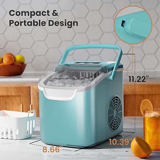 Crzoe Ice Makers Countertop with Handle, 2 Sizes of Ice, 8 Bullet Ice Cubes in 6 Mins, 26Lbs/24H, Portable Ice Maker with Self-Cleaning, Ice Machine for Home&Kitchen&Office&Party(Green)