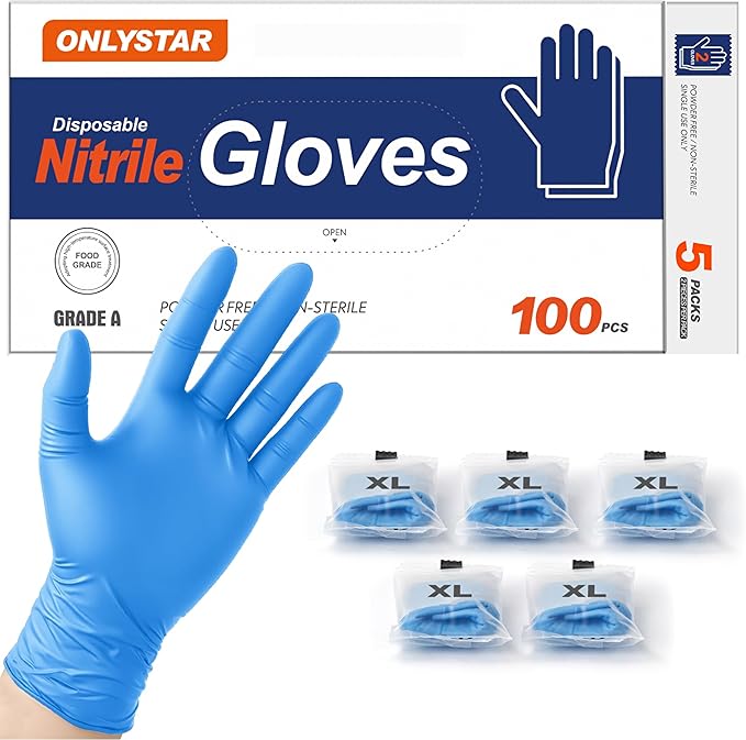 5 Mil Disposable Nitrile Gloves XL, 100 Pcs + 5 Bonus Travel Packs, Heavy Duty, Grease Resistant, Food Safe, Latex & Powder Free for Cleaning, Cooking, BBQ, Grilling, Smoking Meat, Mechanics