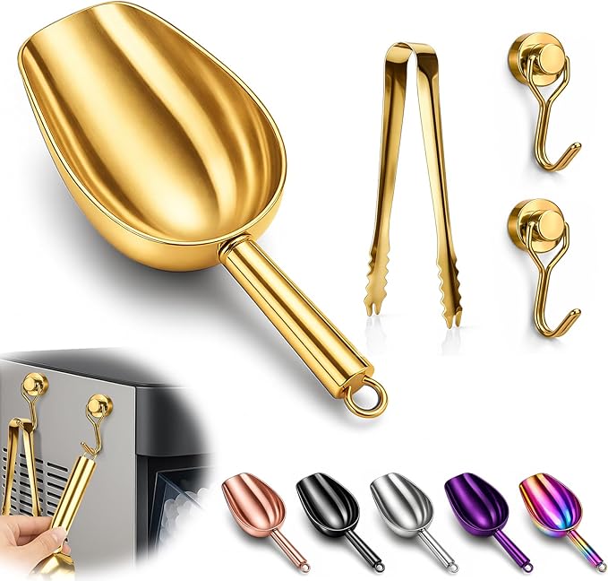 Stainless Steel Ice Scoop for Freezer with Magnetic Hook - Ice Scoop for GE Profile Opal 2.0 Nugget Ice Maker, for Kitchen Bar Party Accessories (6OZ- Gold)