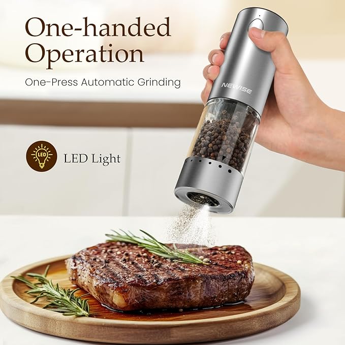 Newise Electric Salt and Pepper Grinder Set - Mothers Day Kitchen Gifts for Women, Mom, Rechargeable with LED Lights, Stainless Steel Automatic Mill, Adjustable Coarseness, Large Capacity, Silver