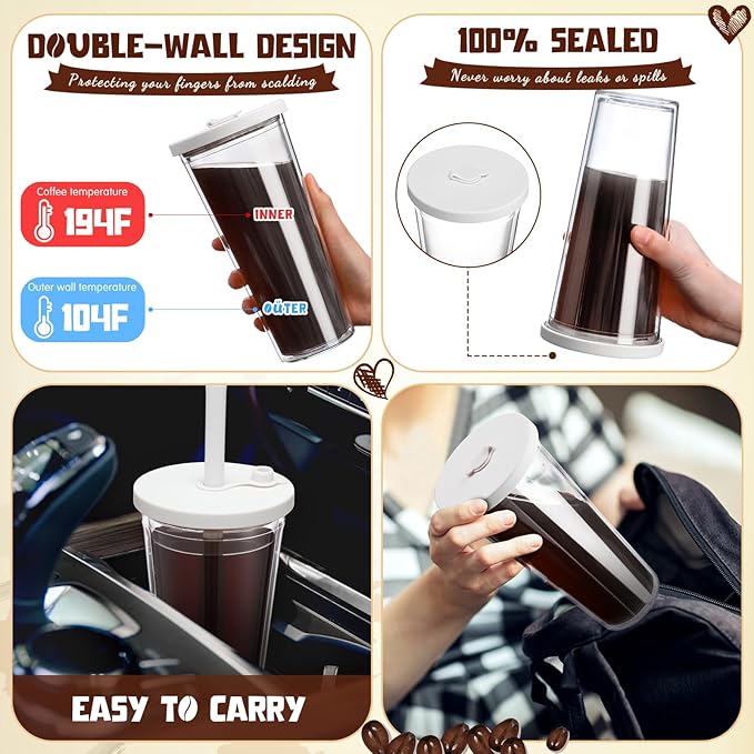 Honeydak 4 Pack 24 oz Reusable Iced Coffee Cups with Lids and Straws Leakproof Double Wall Insulated Clear Plastic Iced Coffee Tumblers with Straw Brushes